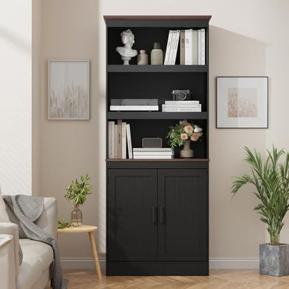 MHOM 71" Tall Bookshelf with Doors, 5 Tiers Farmhouse Bookcase with Adjustable Shelves, Wooden Rustic Display Cabinet for Home Office, Living Room, Black