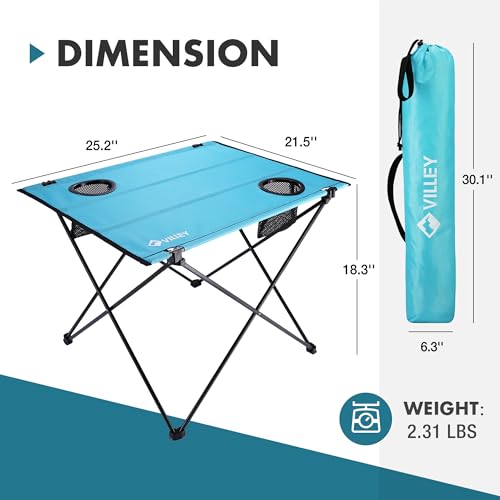 VILLEY Folding Camping Table with 2 Cup Holders & Carry Bag, Lightweight Portable Beach Table for Camping, Beach, Fishing, Travel, Outdoor Activities(Large) - size: Large