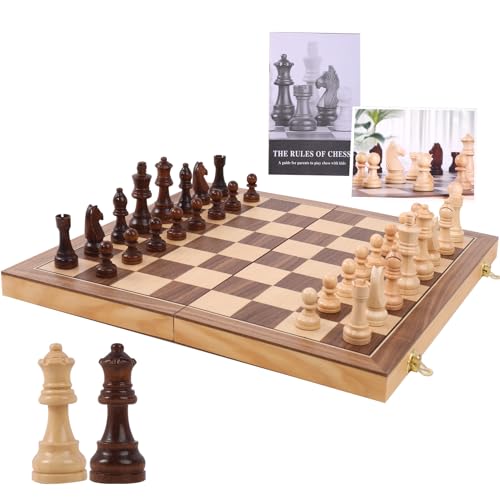 Ajedrez Magnetic Wooden Chess Set with Staunton Pieces, 15" Solid Wood Folding Chess Board with 2 Extra Queens, Internal Storage Slots for Adults Kids, Gift Box - color: Natural Wood Color