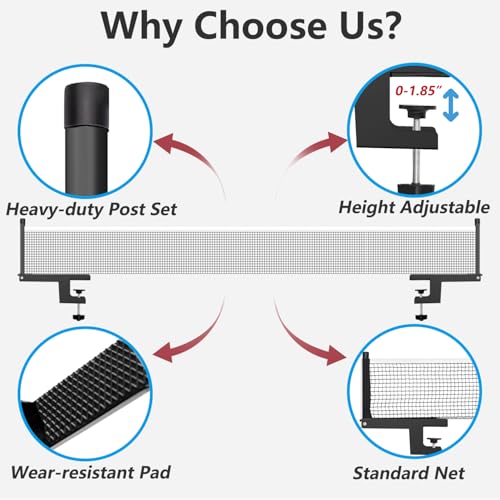 Ping Pong Post Set Table Tennis Net Ping Pong Net with Clamp Professional Training Practice Portable Grip Holder Clip Accessories for Adults & Kids Suitable for Indoor & Outdoor Black/Matte Black