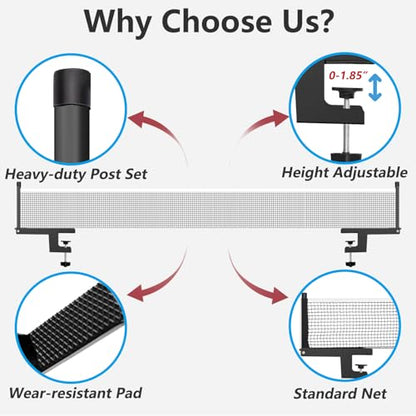 Ping Pong Post Set Table Tennis Net Ping Pong Net with Clamp Professional Training Practice Portable Grip Holder Clip Accessories for Adults & Kids Suitable for Indoor & Outdoor Black/Matte Black