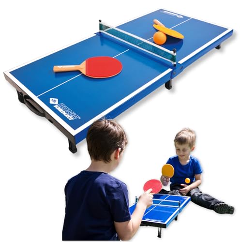 Donic-Schildkröt 838576 Mini Table Tennis Table Top Complete Set with 2 Bats and 1 Ball Foldable Plate – Briefcase Size – Blue Plate Dimensions 68 x 33 x 9 cm