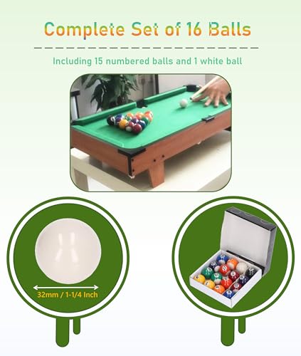 Mini Billiard Balls, 16 Pool Balls Set, 1-1/4" Pool Table Billiards, Resin Mini Billard Pool Balls, Cue Ball Training Ball, Pool Table Accessories for Beginners & Professional, Kids Table Game Toy