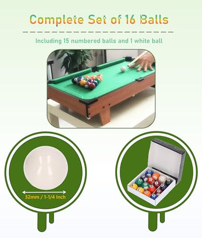 Mini Billiard Balls, 16 Pool Balls Set, 1-1/4" Pool Table Billiards, Resin Mini Billard Pool Balls, Cue Ball Training Ball, Pool Table Accessories for Beginners & Professional, Kids Table Game Toy