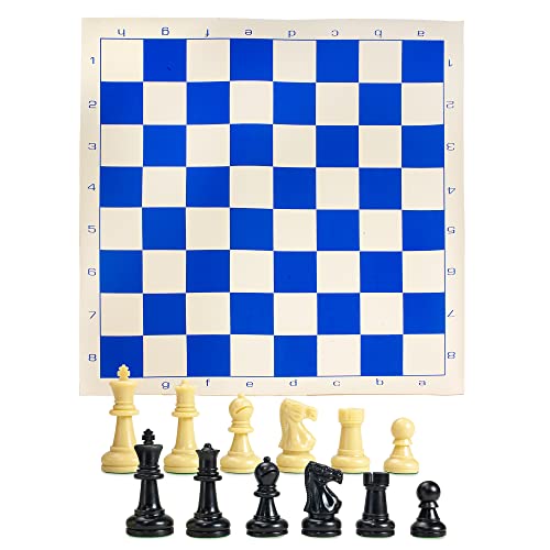 Sterling Games Extra Large 20" x 20" Roll Up Chess Mat and Pieces Set, Standard Tournament Chess Set with Blue Vinyl Portable Travel Mat and Single Weight Chess Pieces - style: Blue