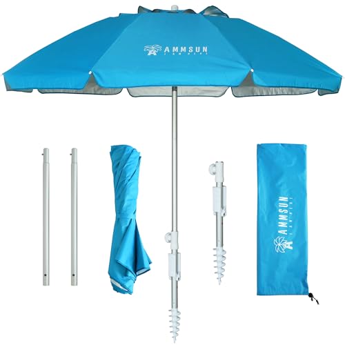 AMMSUN 6.5ft Twice Folded Portable beach umbrella with Sand Anchor Windproof Tilt Pole Air vent UPF 50+ Protection Fits in a large Suitcase Compact For Travel Patio Garden Pool Backyard Sky Blue - color: 6.5ft Light Blue