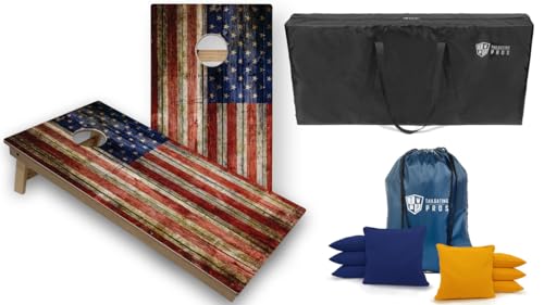 Tournament Grade Tailgating Pros American Flag Wooden Plank Design Cornhole Board Set w/Bean Bags and Carrying Case - 4'x2' Corn Hole Toss Game w/Built in Lights - color: Royal / Yellow