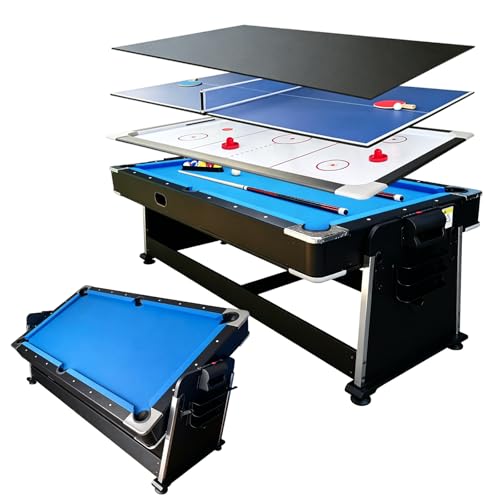 7FT Pool Table Air Hockey Table Ping Pong Table Dining Table Combo,4in1 Multi Game Table with Easy Flip Top,Billiards Table Tennis Set High-Performance Airflow Accessories for Indoor/Outdoor use. - color: Blue