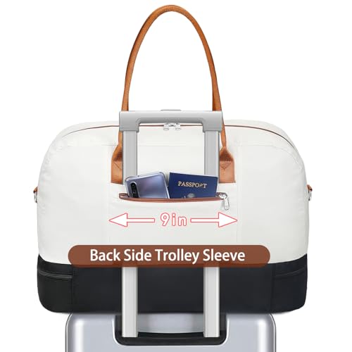 Weekender Bag for Women, Large Overnight Bag Canvas Travel Duffel Bag Carry On Tote with Shoe Compartment 21" 3Pcs Set - color: D03-beige