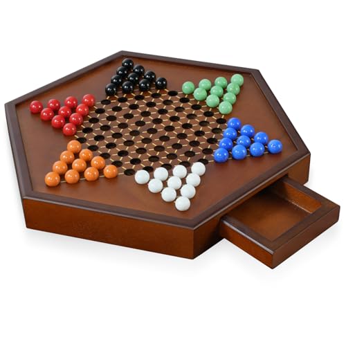 15" Large Upgraded Wooden Chinese Checkers Game Board – Premium 16mm Glass Marbles (60 + 12 Extras), Easy Grip, Storage Drawer, Ideal Multi-Player Puzzle Game for 2-6 Players