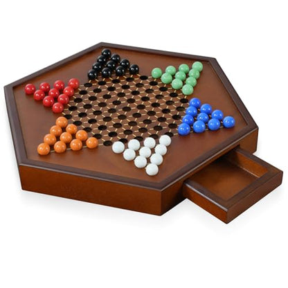 15" Large Upgraded Wooden Chinese Checkers Game Board – Premium 16mm Glass Marbles (60 + 12 Extras), Easy Grip, Storage Drawer, Ideal Multi-Player Puzzle Game for 2-6 Players