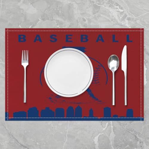 Erosebridal Baseball Placemats Set 4 Piece Softball Place Mat Sports Games Placement Mats Athlete City Silhouette Table Mats for Dining Table Setting, Navy Blue and Red - color: Navy Blue and Red