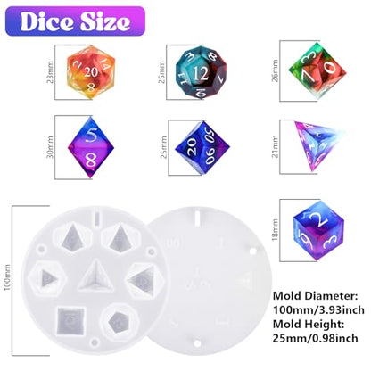 KISREL Dice Resin Molds, DND Dice Set and Organizer Box Epoxy Resin Mold with 7 Standard Stereoscopic Dice Cavities, Silicone Molds for Resin, DND Dice Set Making Kit, Table Board Game - size: Dice Resin Molds - 7pcs