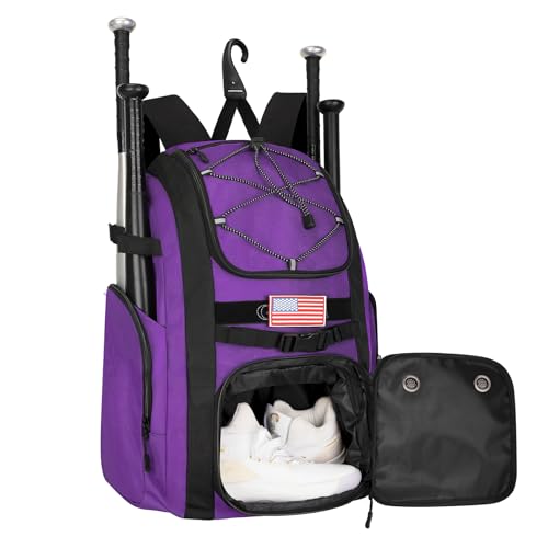 Goloni Baseball Bag, 60L Capacity Softball bag Holds 4 Bats for Youth & Adult, Baseball Bat Backpack with Shoes Compartment,Helmet Holder,Fence for Hook T-Ball, Softball Equipment, Baseball Gear - color: Purple
