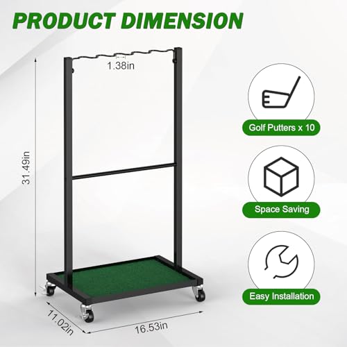 Golf Club Holder Floor Stand Golf Putter Stand with Wheels for 10 Clubs, Solid Metal Golf Club Organizer, Golf Club Storage Rack Cart for Garage Home Office, Indoor and Outdoor Use, Black