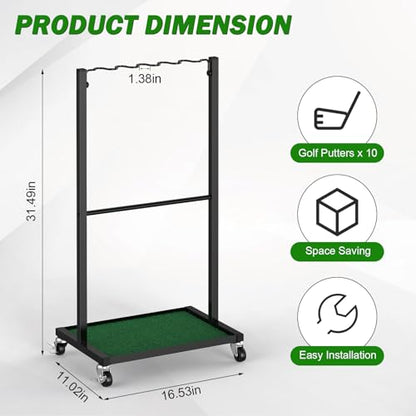 Golf Club Holder Floor Stand Golf Putter Stand with Wheels for 10 Clubs, Solid Metal Golf Club Organizer, Golf Club Storage Rack Cart for Garage Home Office, Indoor and Outdoor Use, Black