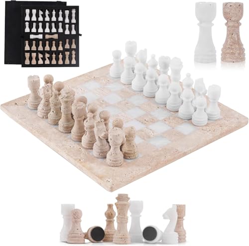 Marble Chess Set for Adults 12 Inch Handmade Travertine and White Chess Board Games with Storage Box, Travel Chess Game with 32 Chess Pieces & 2 Extra Queens, Gifts & Home Décor - color: Travertine and White