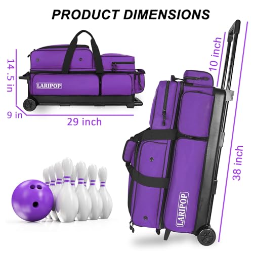 LARIPOP 3 Ball Bowling Bag with Wheels and Shoe Compartment, Rolling Bowling Bag for 3 Balls, Heavy Duty Bowling Roller Bag with Retractable Handle for Men Women - color: Purple