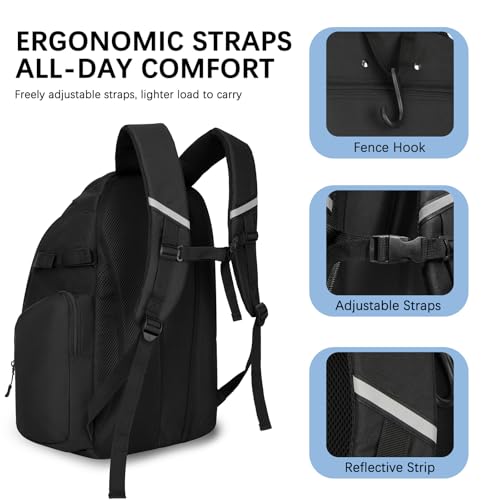 Goloni Baseball Bag, 60L Capacity Softball bag Holds 4 Bats for Youth & Adult, Baseball Bat Backpack with Shoes Compartment,Helmet Holder,Fence for Hook T-Ball, Softball Equipment, Baseball Gear - color: Black