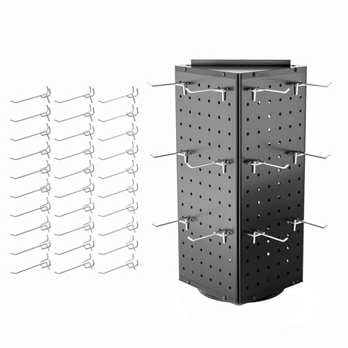 BYCY Rotating Pegboard Display Stand with 30 Hooks,Metal Spinning Peg Board Displays for Craft Shows,4-Sided Jewelry and Accessories Display Racks for Markets,Vendors,Events&Retail Stores (Black) - color: Black