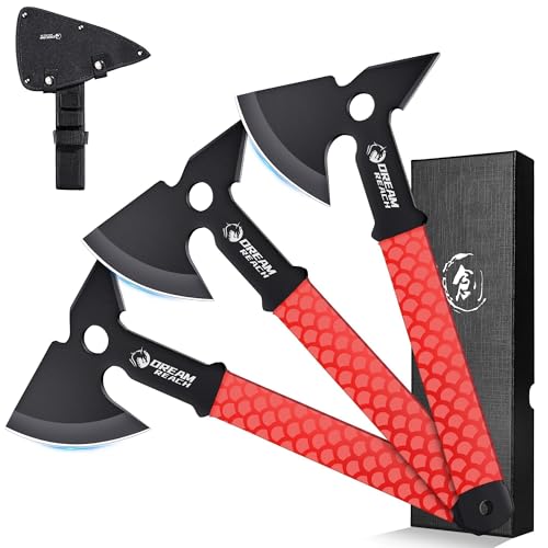 Dream Reach Throwing Axe Set - 3PCS Full Tang Throwing Hatchets with TPR Rubber Sleeve and Protective Sheaths for Recreation and Competition - color: Red Set of 3
