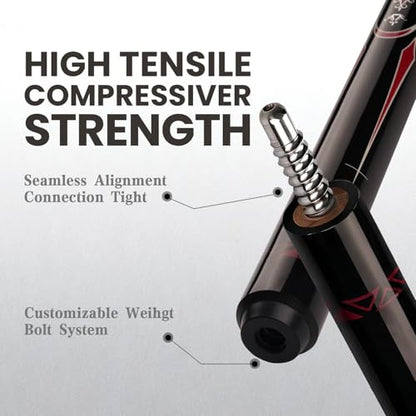 Cuefessnuance 58" Carbon Fiber Pool Cue, Low Deflection | Gothic pattern design, black, 100% carbon fiber shaft, pro taper, 11.8mm pigskin tip, 3/8-8 stainless steel joint - color: Black