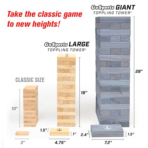 GoSports Giant Wooden Stacking Game - Stacks Up to 5 ft - Choose Brown Wood Stain, Gray, Natural, Stars & Stripes, or Tropical Hardwood - Toppling Tower - color: Gray