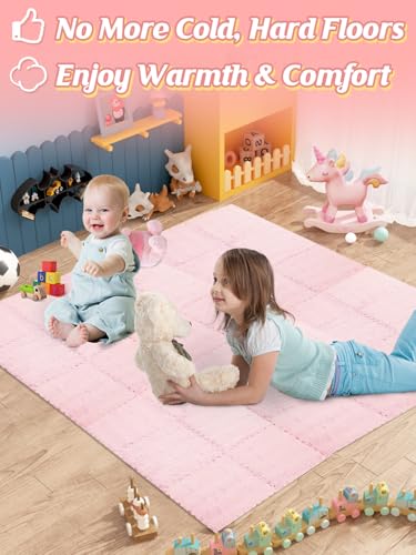 ANPHSIN 12 pcs Thickened Foam Interlocking Floor Mats, Fluffy Plush Mats for Baby with Edgings, Soft Anti-Slip Puzzle Area Rug Playmat, Square Tiles Room Flat (11.8 in, Pink) - color: Pink