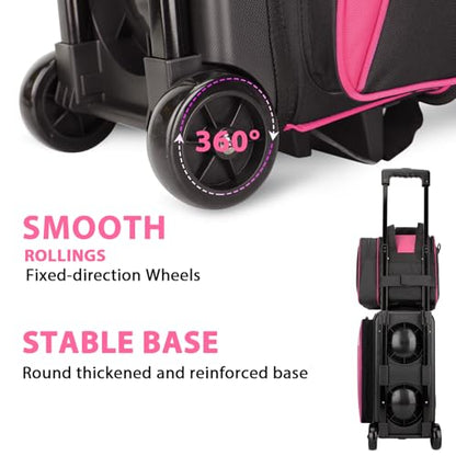 Goloni 3 Ball Bowling Bag with Wheels, 2+1 Double Roller Bowling Bag with Shoe Compartment,Tote Bag for Bowling Accessories - color: 3 Ball-Pink