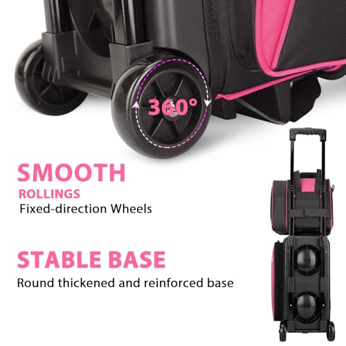 Goloni 3 Ball Bowling Bag with Wheels, 2+1 Double Roller Bowling Bag with Shoe Compartment,Tote Bag for Bowling Accessories - color: 3 Ball-Pink