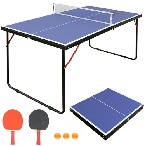 Table Tennis Table Mid-Size, Foldable Ping Pong Table Top Full Size with 2 Paddles, 2 Balls, 1 Net & 4 Wheels, Folding Table Tennis for Indoor & Outdoor, Quick Assembly to Support Multiplayer - size: 4.5ft