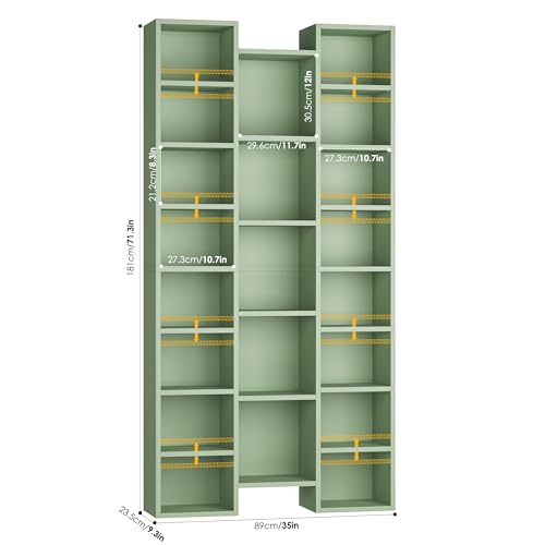 FOTOSOK 71'' Tall Bookshelf with 21 Cubes, 8 Tier Triple Wide Bookshelf with 8 Adjustable Shelves, 35" Large Bookcase DVD/CD Media Tower Storage, Freestanding Display Shelf Cabinet, Green - color: Green