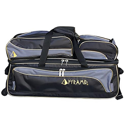 Pyramid Path Triple Tote Roller Plus Bowling Bag with Detachable Shoe Bag (Fits US Mens Size 15), Accessory and Side Pocket, Lightweight Travel Design - color: Black/Gold/Grey 24K Edition