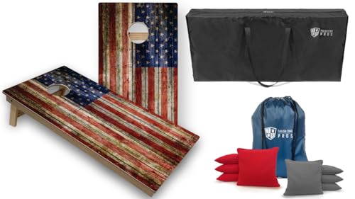Tournament Grade Tailgating Pros American Flag Wooden Plank Design Cornhole Board Set w/Bean Bags and Carrying Case - 4'x2' Corn Hole Toss Game w/Built in Lights - color: Red / Grey