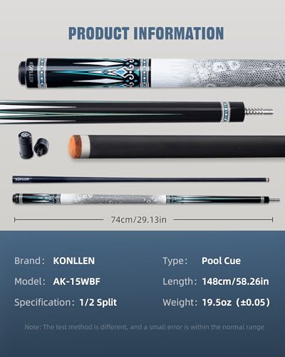 KONLLEN Carbon Fiber Pool Cue 2.0, 58-inch Low Deflection Billiard Stick for Adults with 12.5mm Tip and Pro Taper - color: 020 AK-15WF 2.0 set-white