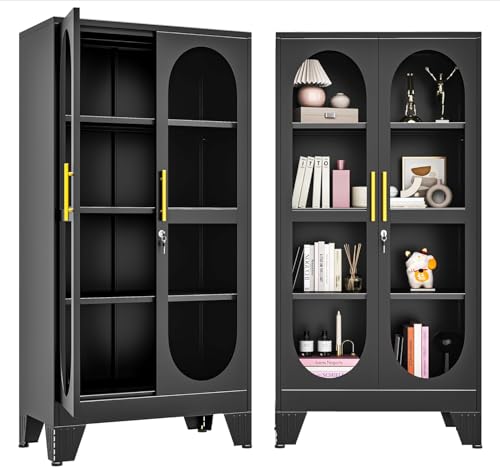 61"H Metal Display Cabinet with Glass Door and Lock, Tall Storage Cabinet with 3 Adjustable Shelves, 4 Tier Liquor Cabinet Metal Curio Cabinet Multi-Purpose Display Case for Collectibles Living Room - color: Black, size: 61''H