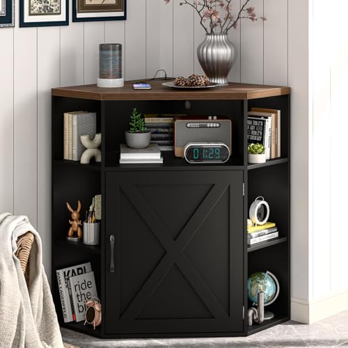 Vabches Corner Cabinet, Corner Storage Shelf with USB Ports and Outlets Industrial Organizer for Small Space Wooden 6-Cubby Bookshelf for Study, Playroom, Living Room (Black and Brown) - color: Black and Brown