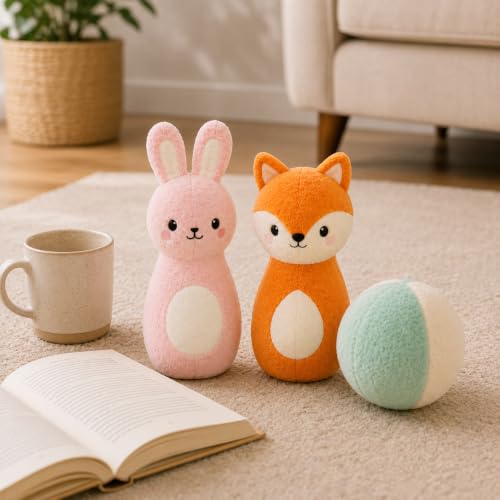 Juju Soft Bowling Set Six Animal Pins – Velour Bunny Bear Fox Cat Owl and Lamb with Weighted Bases – Soft Fabric Ball and Drawstring Storage Pouch – Indoor Active Set