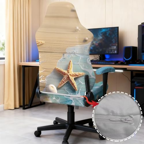 Suobstales Beach Starfish Seashell Conch Wood Print Gaming Chair Covers Slipcovers, Stretchable Elastic Computer Reclining Gaming Chair Seat Cover with Armrest Cover (No Chairs) - color: Beach Starfish Seashell Conch Wood