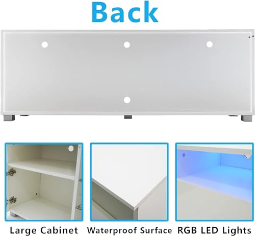 57" Remote RGB Light Media Storage Cabinet, Media Console with Adjustable Glass Shelves, TV Console Stand for Household Game Spaces, White