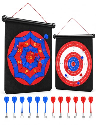 Magnetic Dart Board for Kids, Teens, Adults, Double-Sided Roll-Up Dart Board Games for Kids Age 3-18 with 12 Magnetic Darts, Indoor Outdoor Boys Toys for Backyard, Gifts for Teen Boys - color: Black+Red