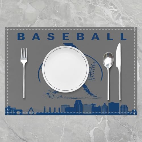 Erosebridal Baseball Placemats Set of 4 Softball Place Mat Sports Games Placement Mats Athlete City Silhouette Table Mats for Dining Table Setting, Grey Dark Blue - color: Grey Dark Blue