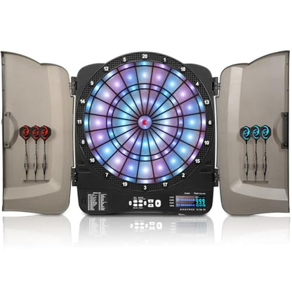 Electronic Dart Board Cabinet Set, Illuminated Target Dartboard for Adults, 48 Games with 315 Variations Soft Tip Digital Dartboard Cabinets with 6 Darts, 100PCS Soft Tips
