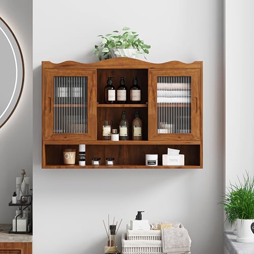 Retro Style Haze Two Glass Door Wood Wall Cabinet with Detachable Shelves for Office, Dining Room,Living Room, Kitchen and Bathroom - color: Brown(3)