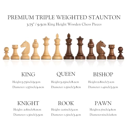 A&A Premium Triple Weighted Staunton Wooden Chess Pieces w/ 2 Extra Queen - King Height 3.75"/9.5cm / 2 Storage Bags - Natural Walnut Wood