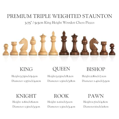 A&A Premium Triple Weighted Staunton Wooden Chess Pieces w/ 2 Extra Queen - King Height 3.75"/9.5cm / 2 Storage Bags - Natural Walnut Wood