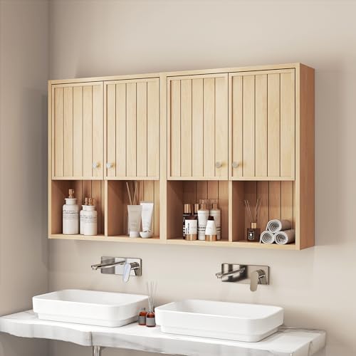 Bathroom Storage Cabinet Wall Mounted, Pre-Assembled Wood Medicine Cabinet with 2 Doors, Slim Hanging Wall Cabinet Over The Toilet for Small Spaces, Modern Farmhouse Style,Natural Oak