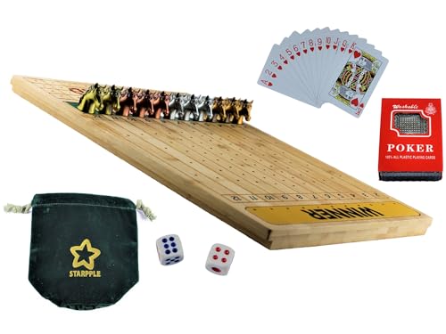 Metal Horse Race Board Game Set with Horse Racing Thick & Solid Wood Game Board(16”/Natural),11 Luxurious with 4Antique(Gold,Silver,Red Cooper&Bronze) Metal Craft Horses, Dice&Cards (HR-M554) - color: Hr-m554