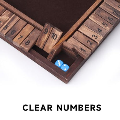 GSE Games & Sports Expert 1-4 Player Wooden Shut The Box Dice Board Game with 8 Dice. 4-Way 10 Numbered Shut The Box Set of Popular English Pub Board Game - Walnut - color: Walnut Stained Wood