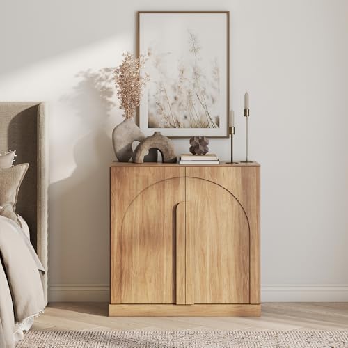 BELLEZE 2 Tier Bookshelf with Arched Wood Door, Modern Display Bookcase Shelf with Storage and Adjustable Shelves, Wood Bookshelves for Living Room Office Entryway (Camel) - color: Bijou Camel B, size: 1